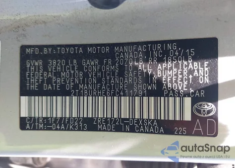 2015 Toyota Corolla S Plus z USA, uszkodzony, nr VIN 2T1BURHE6FC411791